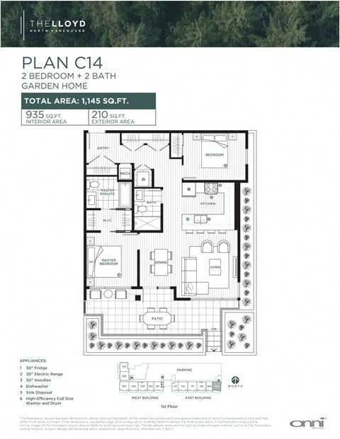 Floor plan for 2 beds, 2 baths, 933 sqft